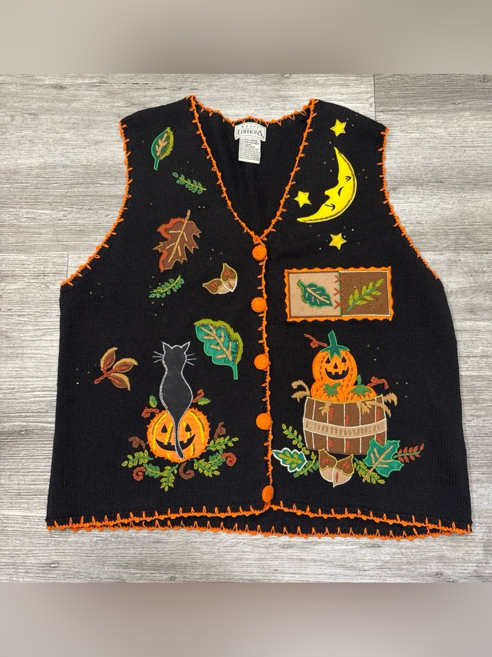 Vintage Halloween/fall Pumpkin & Cat Embroidered Vest - Black & Orange- knit